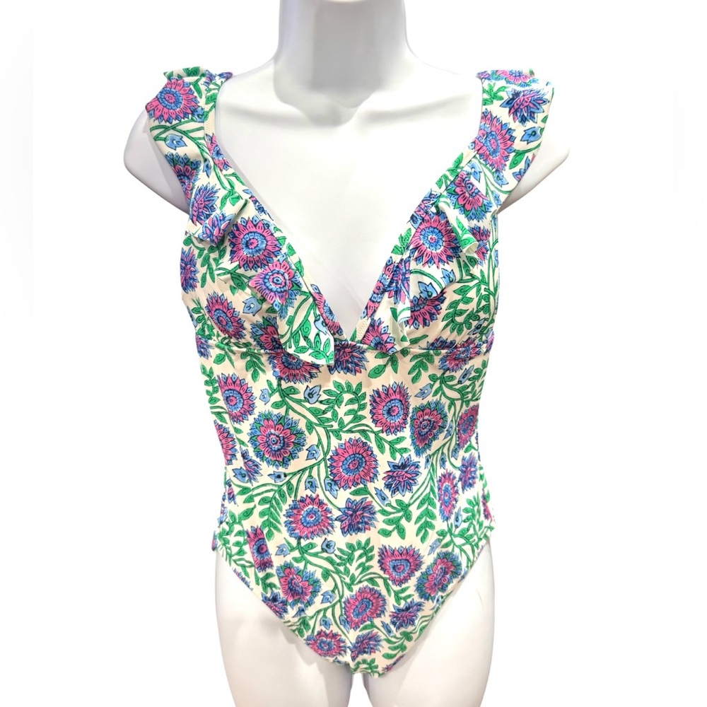 J. Crew White Floral  One Piece Swimsuit V-neck Design Size Medium